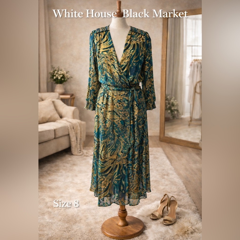 White House Black Market burnout smocked dress Teal and Gold Long Sleeve Dress